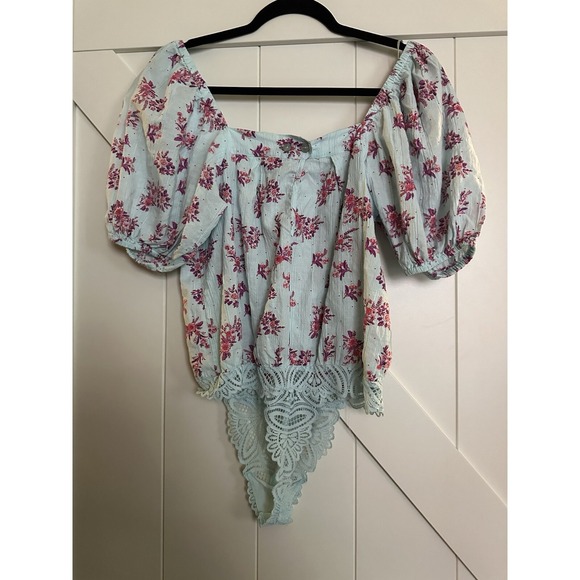 Free People Blue/Pink Angela Floral Off Shoulder Puff Sleeve Bodysuit Size S - Picture 1 of 7